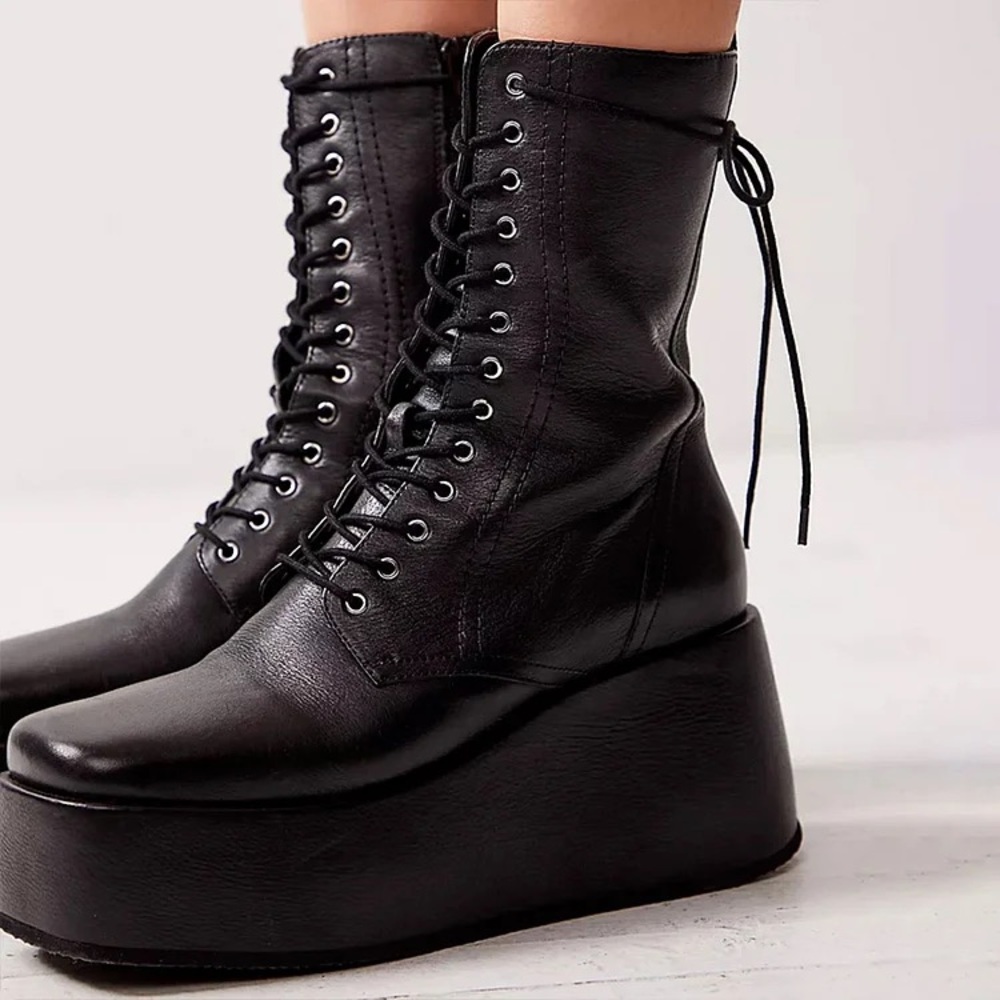 Free People Black Lace-Up Platform Boots